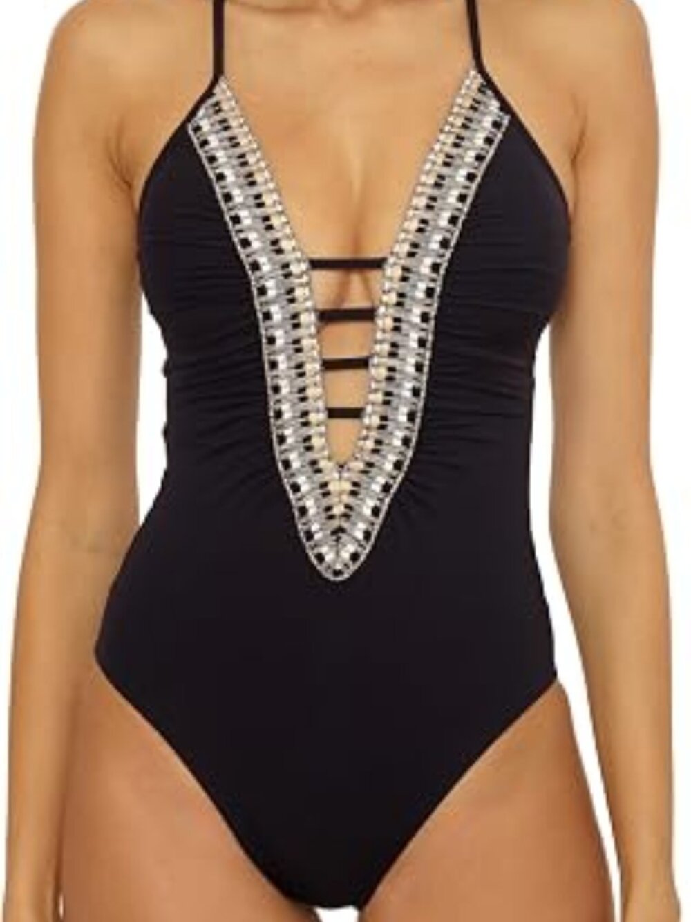 BECCA Delilah - Women's Crochet Trim One Piece Swimsuit, Plunge Neck sizes S, M